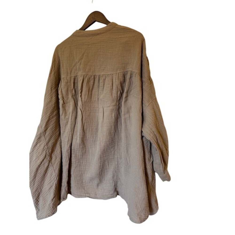 Three Bird Nest Gauze Cotton Tunic Top Taupe Brown Pintuck Oversized Henley L - Picture 7 of 8
